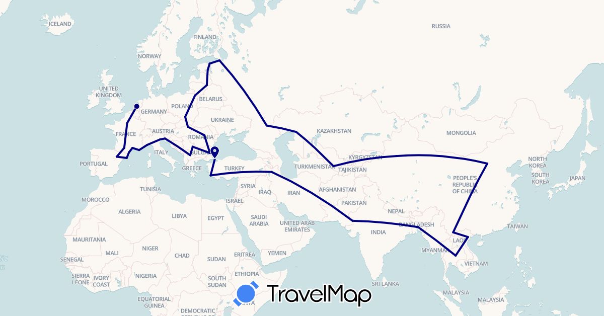 TravelMap itinerary: driving in Bangladesh, Bulgaria, China, Estonia, Spain, France, Hungary, India, Iran, Italy, Kazakhstan, Latvia, Macedonia, Netherlands, Poland, Romania, Serbia, Russia, Thailand, Turkey, Uzbekistan (Asia, Europe)